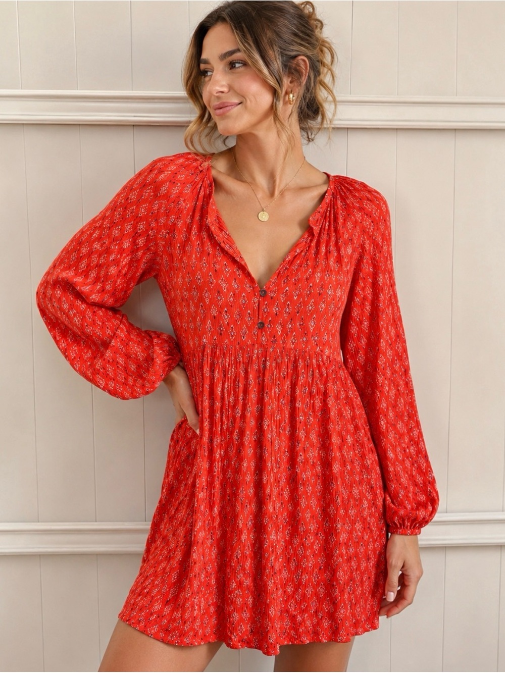 Billabong Red Printed V-Neck Tunic Dress  with Button Detail